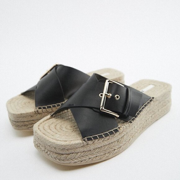 ZARA black jute raffia wedge platform sandals - Picture 1 of 6